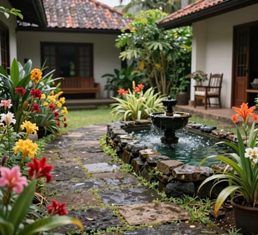 Photography of a peaceful courtyard in Mauritius with a small water feature and natural stone paths, surrounded by vibrant local flowers. It represents the calming environment of the home.