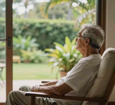 A peaceful photograph of a senior person sitting in a comfortable lounge chair in a bright room, looking out towards a lush green garden in Mauritius, soft morning light.