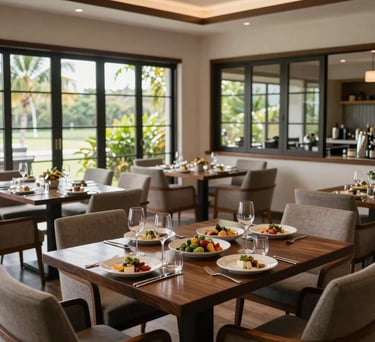 An elegant dining room in Mauritius with large windows and comfortable seating. The tables are neatly set for a nutritious meal, reflecting a clean and professional living environment.