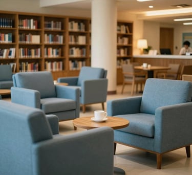 A serene common lounge at a Mauritian nursing home, featuring soft blue armchairs and a library area. The lighting is soft and golden, creating a warm and comforting atmosphere.
