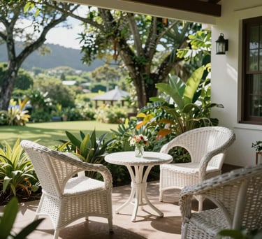 A sun-drenched veranda with white wicker chairs overlooking a peaceful Mauritian garden. This is a space for residents to relax and enjoy the fresh air and natural beauty.
