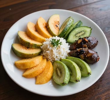 A high-quality photograph of a balanced and nutritious meal including fresh tropical fruits and vegetables on a clean white plate, natural lighting, a peaceful dining setting in Mauritius.