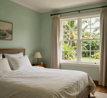 A bright and airy private bedroom at LE TOIT SEREIN in Mauritius. The room features soft beige linens, light green walls, and a large window with a view of tropical plants, designed for comfort and dignity.