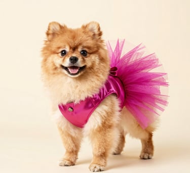A cute small Pomeranian dog wearing a vibrant pink tutu dress and harness for pet fashion.