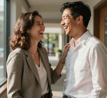 A North American couple sharing a joyful, candid laugh in a hallway filled with natural light, wearing casual professional attire, embodying warmth and emotional connection. High-end lifestyle photography.