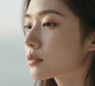 A close-up photography of a woman's serene face during a quiet moment of reflection, North American setting, soft morning light, reflecting a sense of peace and insight. Colors are muted sand and white.
