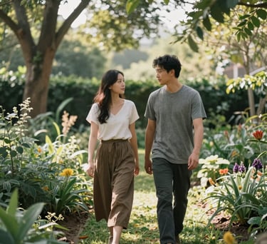 A peaceful outdoor scene of a North American couple walking through a garden, soft sunlight filtering through trees, focusing on calm communication.