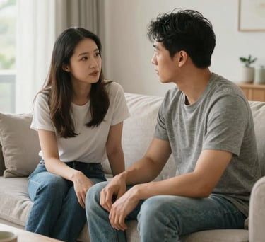 A North American couple sitting on a modern sofa in a bright living room, engaged in a meaningful conversation with empathetic expressions, professional photography with soft morning light.