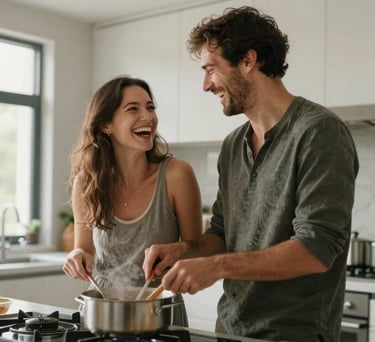 A couple laughing together while cooking in a modern North American kitchen, natural lighting, photography reflecting a high-quality, joyful relationship.