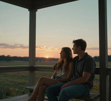 A serene North American couple sitting together on a porch at sunset, sharing a quiet moment of connection, soft teal and orange lighting.