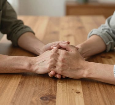 Close-up of two people holding hands across a clean wooden dining table in a North American home, shallow depth of field, warm and supportive atmosphere.
