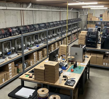 A 3D printer farm in a workshop featuring rows of Bambu Lab printers on metal shelving with filament spools.