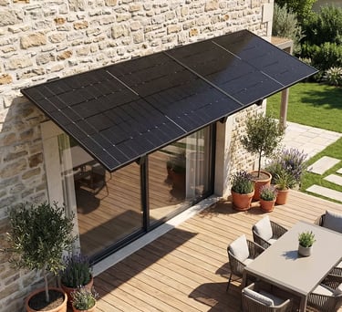 Auvent solaire avec panneaux photovoltaïques sur une maison de caractère en pierres apparentes