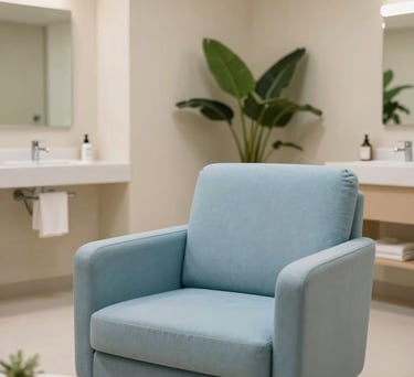 Detailed photography of an elegant lactation room in a corporate setting in Hispanic / Corporate Latin America & Spain. Includes a plush pastel blue armchair, clean beige walls, subtle soft light green plant accents, private sanitary amenities, and calm soothing lighting.