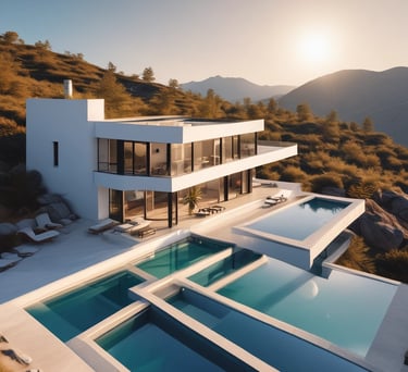a house with a pool and a mountain view