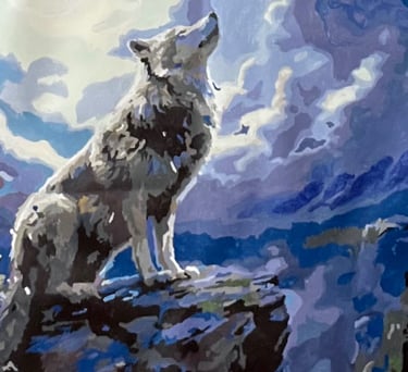 a painting of a wolf in the mountains