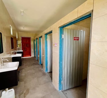 Public restroom interior featuring a row of white sinks and tiled stalls with ladies' toilet signs.