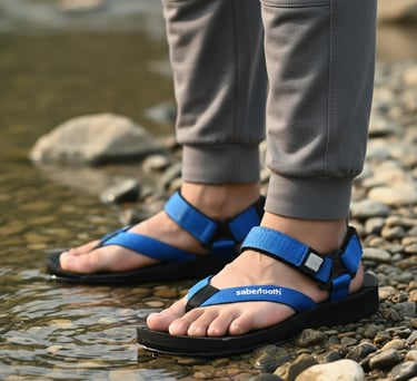 seseorang berdiri di dalam air dengan sandal gunung sabertooth