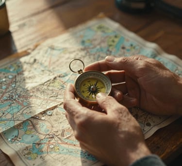 Manos que sostienen una brújula antigua de latón sobre un mapa de papel detallado en una mesa de mad