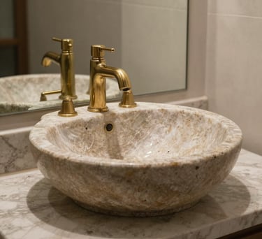 A detailed shot of a custom-made bathroom vanity with stone basin and brass fixtures, reflecting luxury and calm.