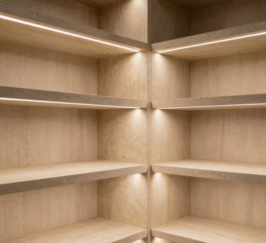 Detail of a custom-built walk-in closet with integrated LED lighting and warm stone-colored shelves, elegant and organized, professional photography.