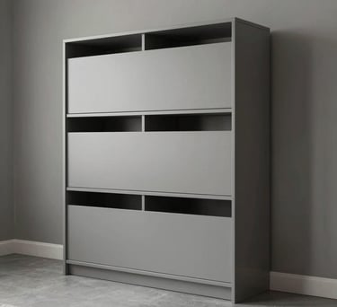 A minimalist living room storage unit built into a wall, matte finish in soft gray tones, elegant and soothing ambiance.