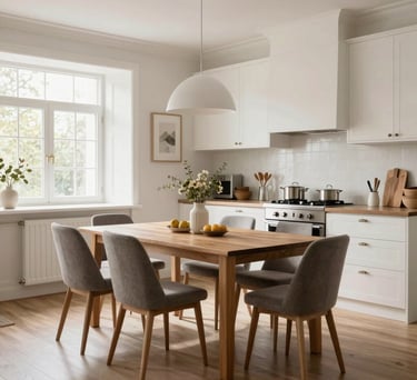 A bright and airy dining area integrated into a modern kitchen, featuring a wooden table and designer chairs, European French chic decor.