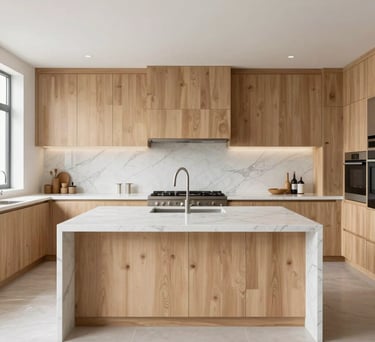 Wide shot of a luxury kitchen featuring a large central island, white marble backsplash, and light wood cabinetry, bright and serene atmosphere.