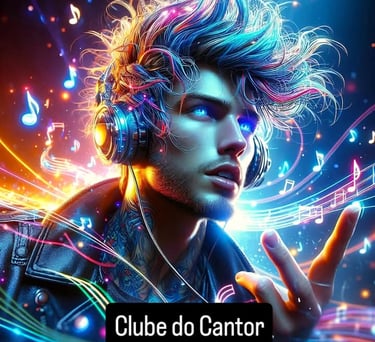 Digital art of a male singer with glowing blue eyes wearing headphones surrounded by neon musical notes.