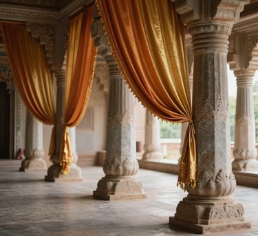 A peaceful interior of a meditation sanctuary with stone pillars and silk drapery in saffron and gold. South Asian architecture, soft natural light.
