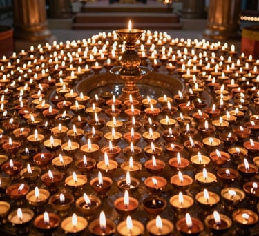 A wide shot of a sacred prayer hall with hundreds of small oil lamps lit, creating a glowing aura of light. South Asian spiritual context.