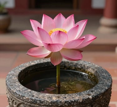 A blooming pink lotus flower in a stone water vessel at the entrance of a spiritual retreat center, South Asian / Tamil Nadu, India.