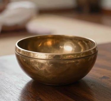 A close-up photograph of a brass singing bowl reflecting a soft amber glow on a dark wooden table in a serene meditation room, South Asian / Tamil Nadu, India.