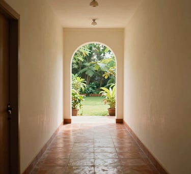 A warm, sunlit hallway in a wellness center with cream walls and terracotta tile flooring, looking out towards a lush green garden, South Asian / Tamil Nadu, India.