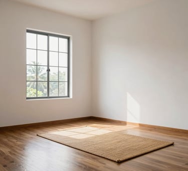 A clean, minimalist meditation room in Viluppuram, Tamil Nadu, India, featuring white walls, natural wood flooring, and a single woven mat, bathed in soft morning light from a large window.