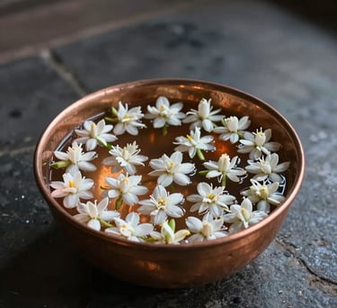 Photography of a copper bowl filled with water and floating white jasmine flowers. Dark stone floor, mystical lighting in a South Asian temple.