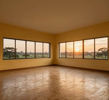 A wide-angle interior shot of a minimalist meditation hall with warm gold walls and large windows showing a sunset, South Asian / Tamil Nadu, India.
