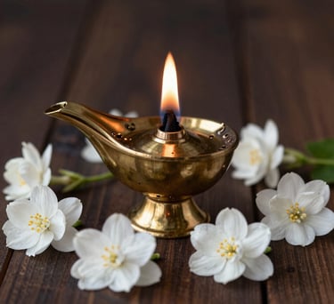 A close-up shot of a small brass oil lamp with a gentle glowing flame, placed on a dark wood surface, surrounded by white jasmine flowers, creating a serene spiritual atmosphere.