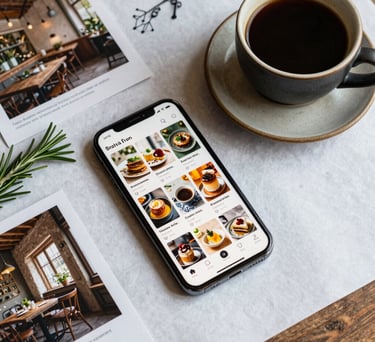 A detailed, sophisticated top-down photograph of a creative content strategy desk. Features a smartphone displaying colorful social media feeds, hand-annotated culinary mood boards with images of rustic cafes, fresh rosemary sprigs, and a dark ceramic cup of black coffee on a crisp parchment surface. Designed for North American and Northern European culinary markets.