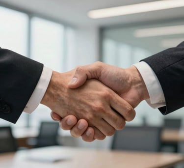 A close-up of a professional handshake in a modern office, bright natural lighting, North American / US corporate setting, capturing a moment of agreement and hope.