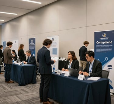 A bright career fair hall in a North American / US city, clean modern booths, soft professional lighting, showcasing a community of growth and employment opportunities.