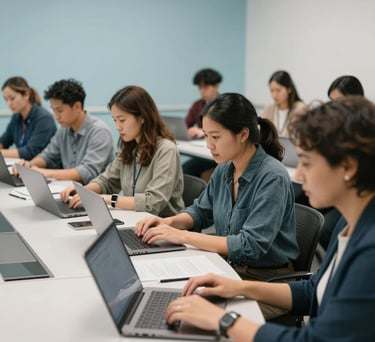 A collaborative workshop environment where a diverse group of adults are working on laptops in a clean, professional North American / US classroom space with pale blue accents.