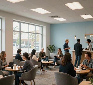 An interior shot of a professional community lounge where people are networking, high ceilings, large windows, off-white and pale blue color palette, North American / US design.