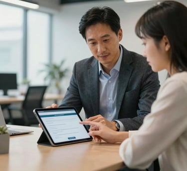 A mentor guiding a job seeker through a digital application on a tablet, modern bright office space, professional and encouraging atmosphere, North American / US style.