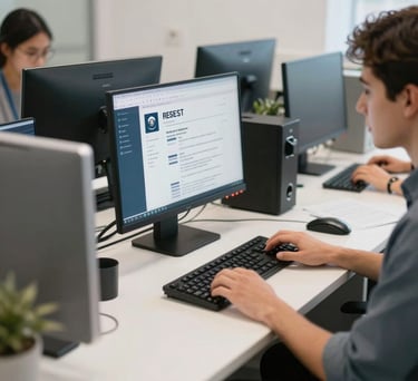 A clean, organized resume-building station with modern computers in a well-lit North American / US NGO office, emphasizing productivity and accessibility.
