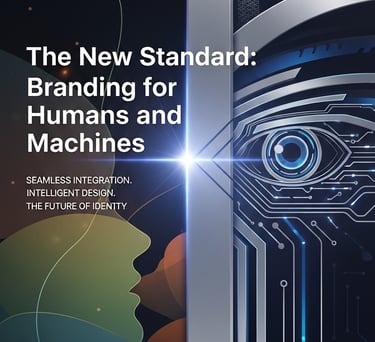 Digital poster showing branding for humans and machines with a profile silhouette and robotic eye.