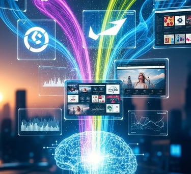 Digital blue wireframe brain processing data and glowing screens for artificial intelligence visualization.