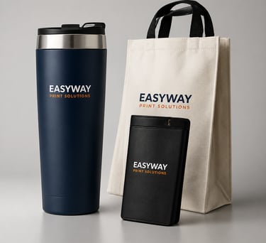 Promotional products including mugs, bags, apparel and branded giveaways