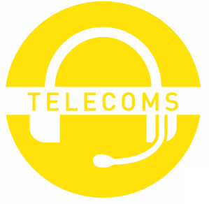 Yellow circle logo featuring a white headset icon and the word TELECOMS for telecommunication services.