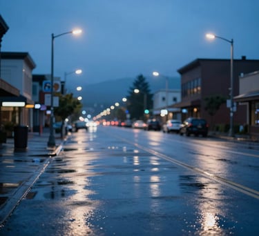 A moody, blurred urban street scene at twilight in the North American / Pacific Northwest, with streetlights reflecting cadet blue and light steel blue tones on wet pavement.